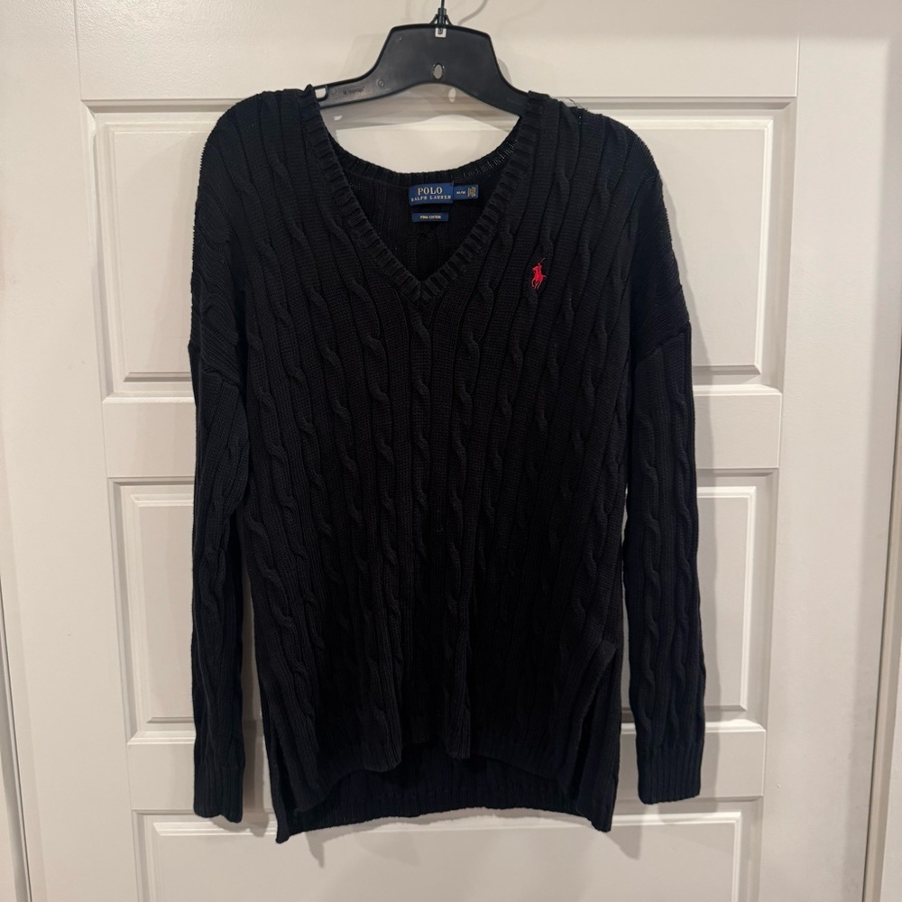 Polo by Ralph Lauren Black Cable-Knit V-Neck Sweater with Red Pony
